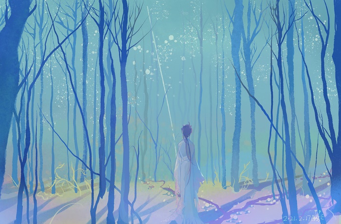 Zhongli from Genshin Impact in a blue forest