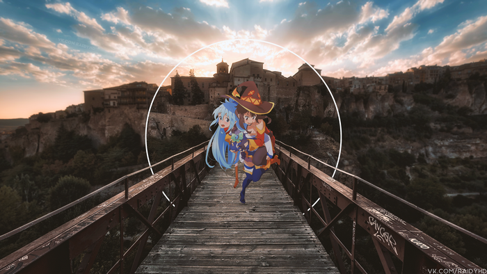 Aqua and Megumin from KonoSuba on a bridge