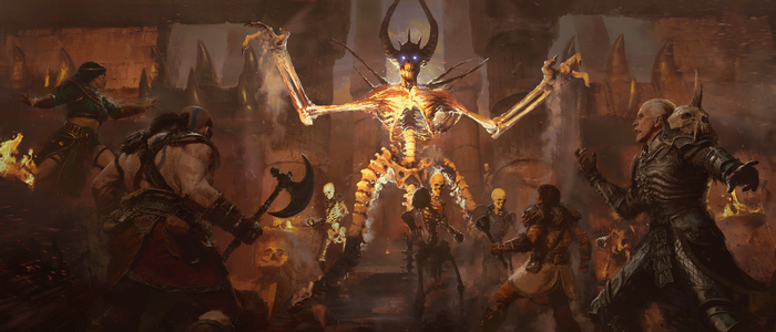 Diablo II: Resurrected characters fighting a demon