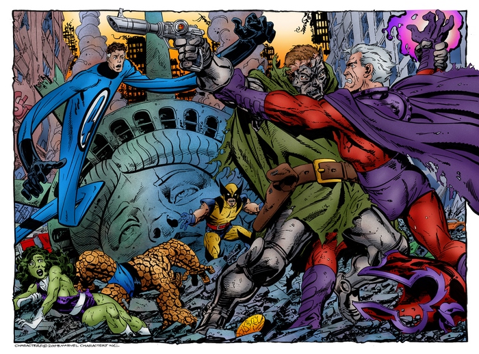 Fantastic Four, Wolverine, Magneto, and Doctor Doom fight near the Statue of Liberty