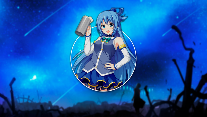 Aqua from KonoSuba holding a mug