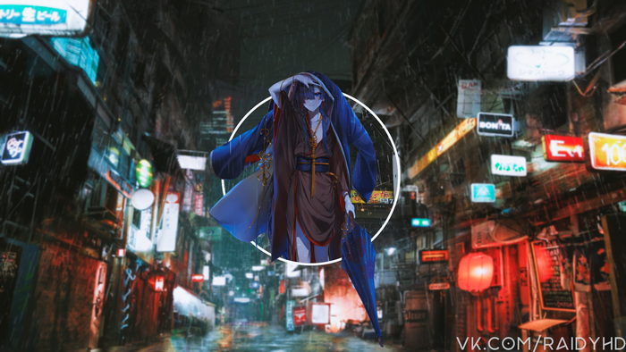 Anime character in a rainy city street