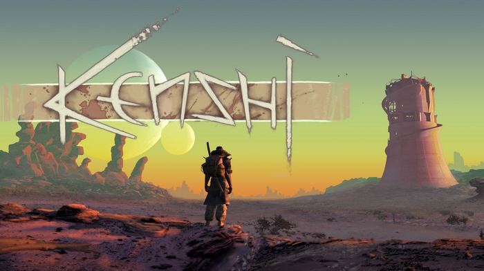 Kenshi game title with a lone wanderer in a desert landscape