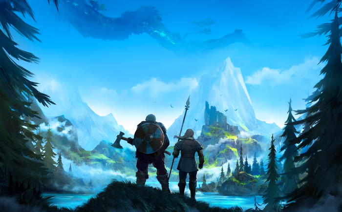 Two Vikings stand on a hill overlooking a misty valley in Valheim