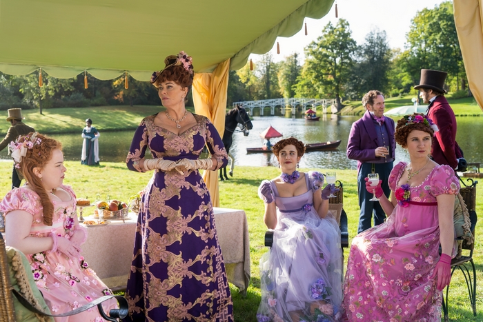 Bridgerton characters at a garden party