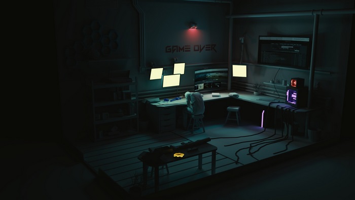Cyberpunk game room with "Game Over" sign