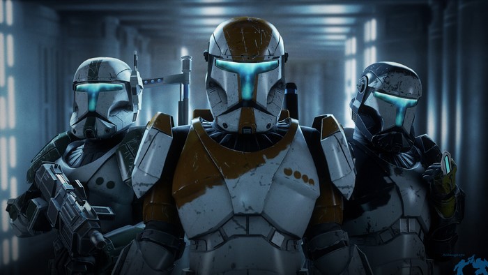 Three Republic Commandos in a hallway