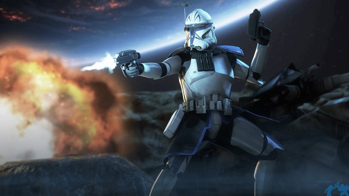 Captain Rex from Star Wars firing blasters