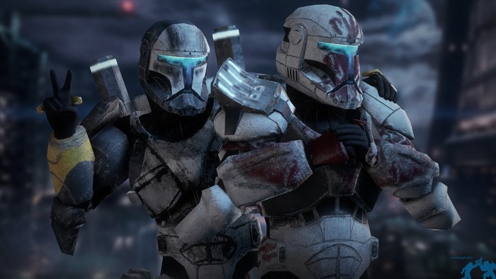 Two clone troopers from Star Wars posing for a photo
