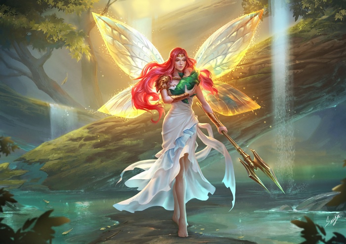 Fantasy Fairy with Pink Hair and Wings Holding a Baby
