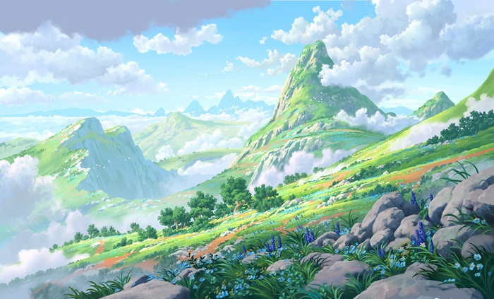 Artistic landscape with mountains, clouds, and flowers