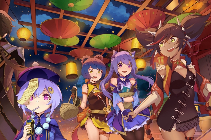 Keqing, Qiqi, Xiangling, and Xinyan from Genshin Impact