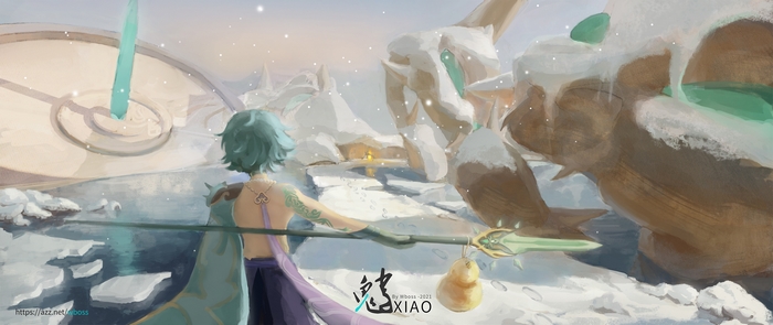 Xiao from Genshin Impact in a snowy landscape