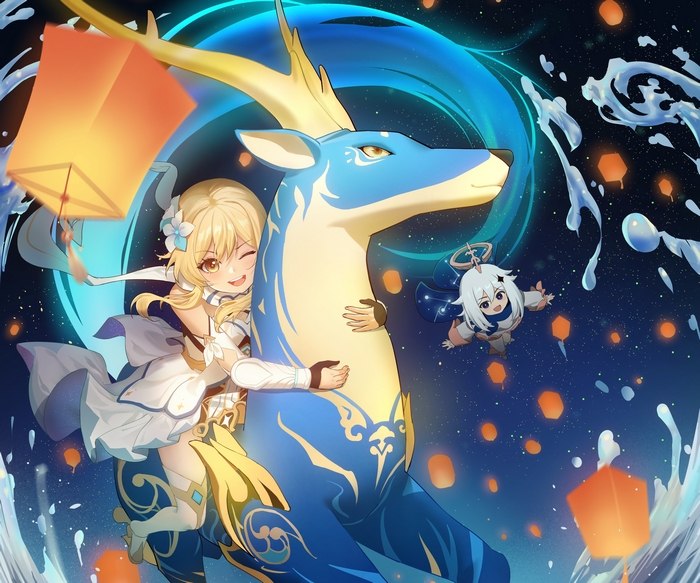 Lumine and Paimon from Genshin Impact with a blue deer