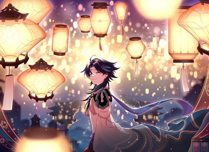Xiao from Genshin Impact with lanterns