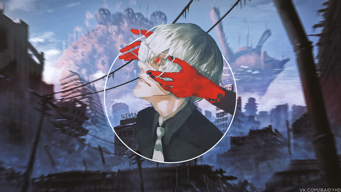 Ken Kaneki from Tokyo Ghoul in a ruined city