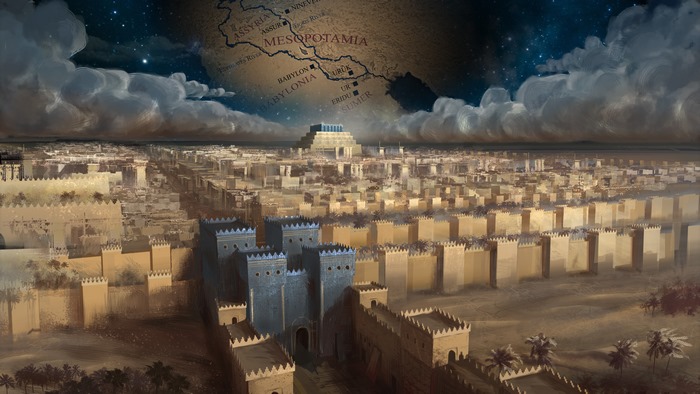 Ancient Mesopotamian City with Ziggurat and Map