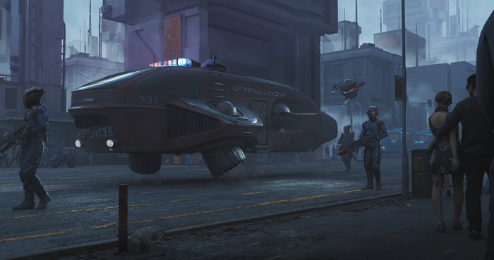 Police hovercar and officers in a futuristic city