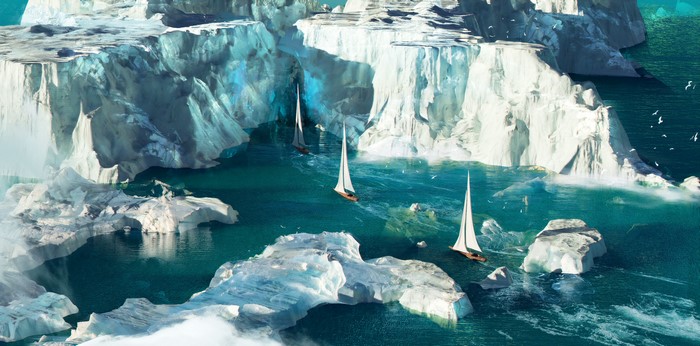 Sailboats navigate icy waters among icebergs