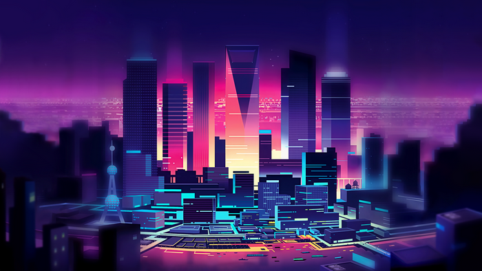Neon Cityscape with Skyscrapers and Lights