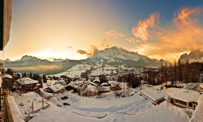 Cortina d'Ampezzo village in Italy during winter sunset