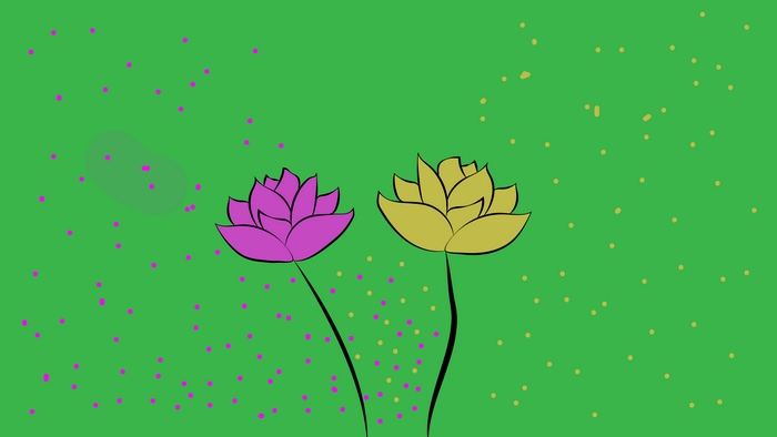 Two stylized flowers on a green background with dots