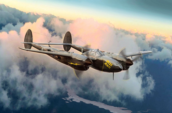 Lockheed P-38 Lightning "Miss Ann" flying through clouds