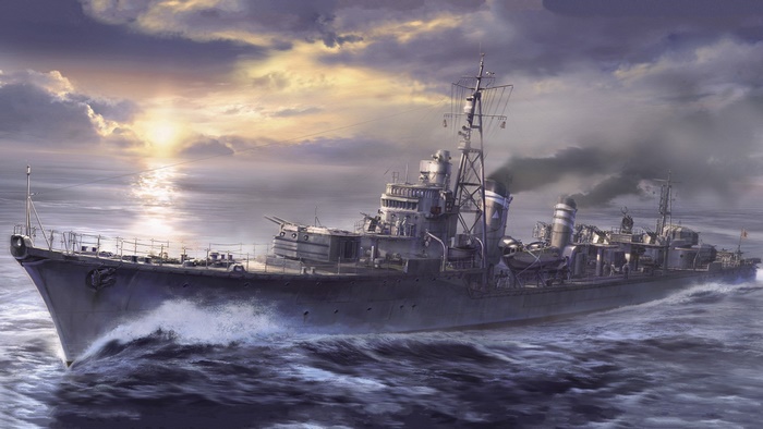 Japanese destroyer Shimakaze sailing at sunset