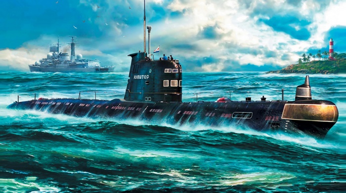 Submarine and Warship at Sea
