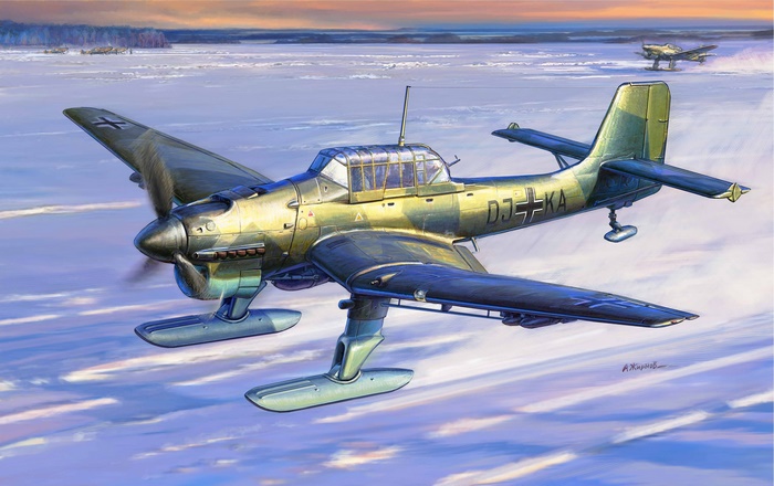 Junkers Ju 87 aircraft with skis in flight