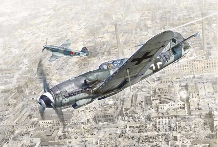 Messerschmitt Bf 109 and Soviet fighter over destroyed city