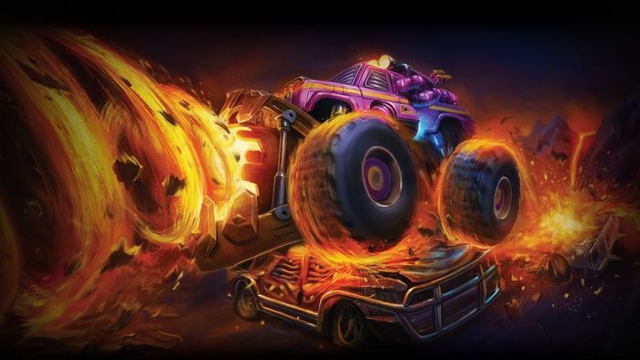 Heavy Metal Machines monster trucks in fiery battle