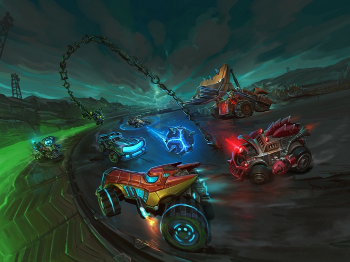Heavy Metal Machines vehicles racing on a dark track