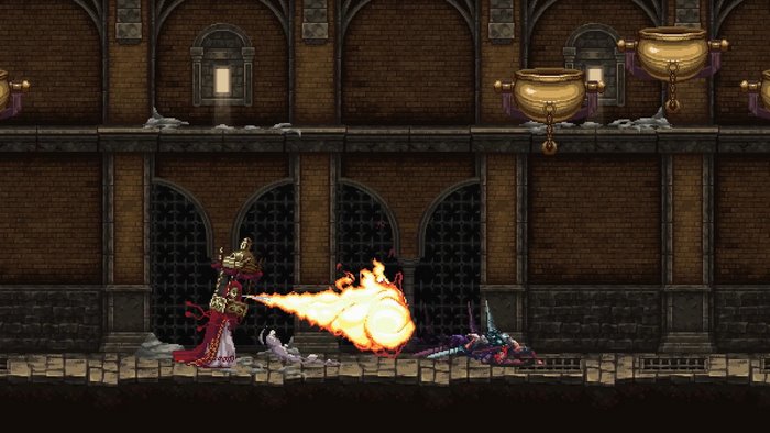 Blasphemous: A character in red robes shoots fire at a creature
