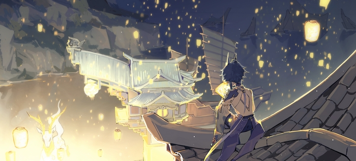 Xiao from Genshin Impact overlooking a city at night