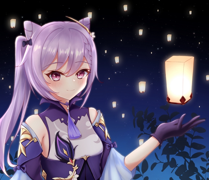 Keqing from Genshin Impact with lanterns
