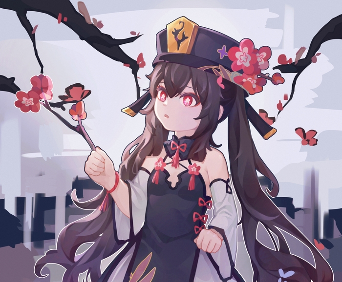 Hu Tao from Genshin Impact with plum blossoms
