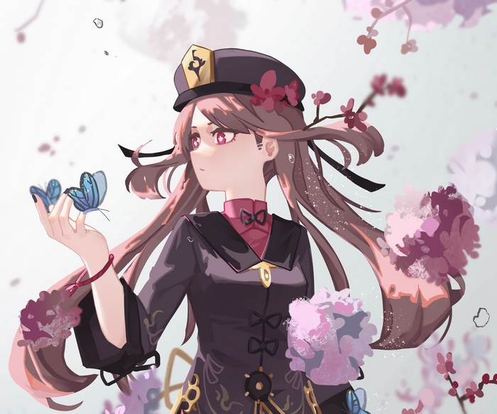 Hu Tao from Genshin Impact with butterflies and flowers