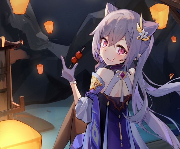 Keqing from Genshin Impact eating candied fruit
