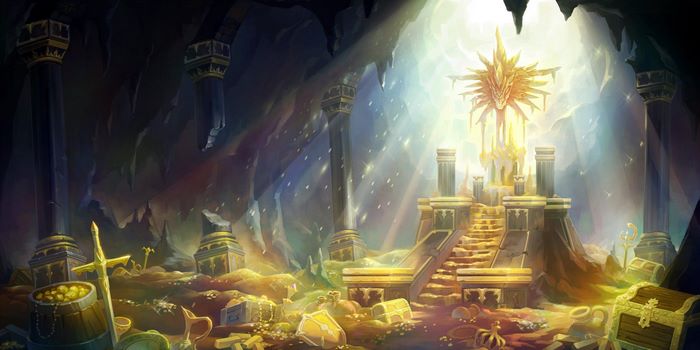 Treasure hoard in a cave with ancient columns