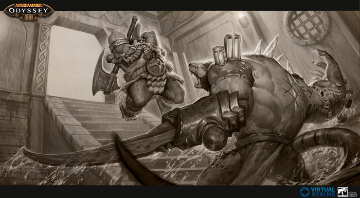 Dwarf Warrior fighting a monster in Warhammer: Odyssey