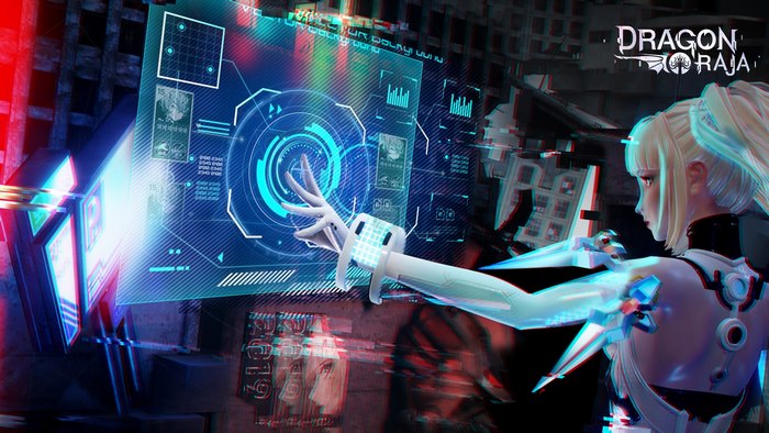 Dragon Raja character interacting with futuristic interface
