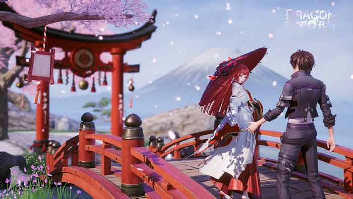 Dragon Raja characters on a bridge with Mount Fuji
