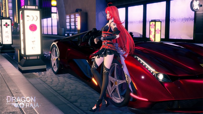 Girl in red outfit with Dragon Raja logo and red car