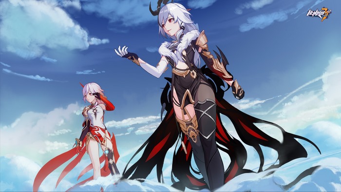 Two female characters from Honkai Impact 3rd in the sky