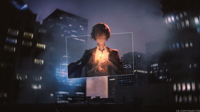 Osamu Dazai holding a candle in a city at night