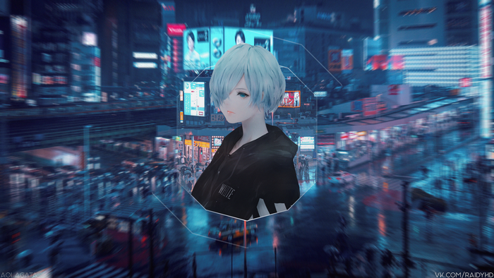 Anime girl with blue hair in a black hoodie in a neon city
