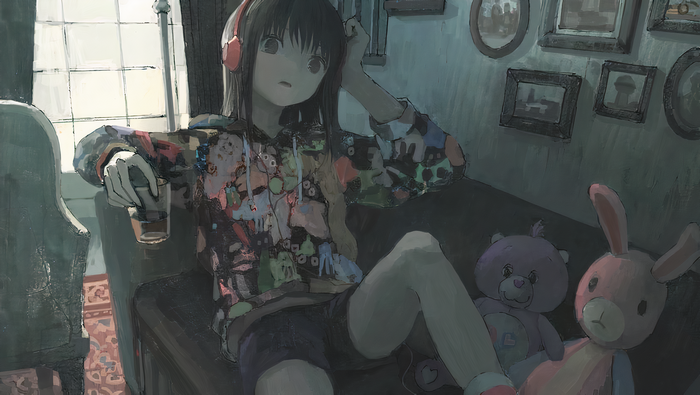Anime girl with headphones and plush toys in a room