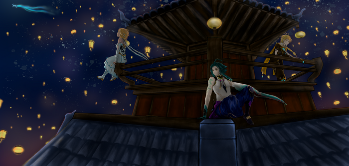 Lumine, Aether, and Xiao from Genshin Impact on a rooftop