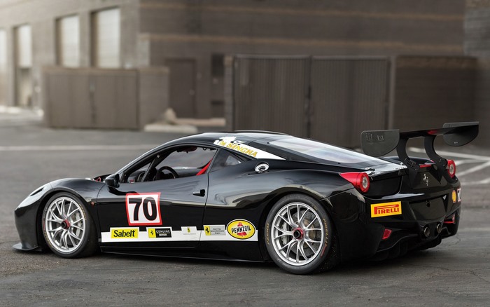 Black Ferrari 458 Challenge Evoluzione race car with number 70